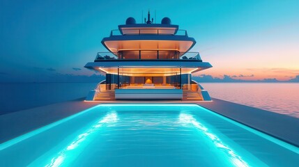 Obraz premium Yacht with a glassencased spa room, glowing LED lighting, blending innovation with luxurious recreation