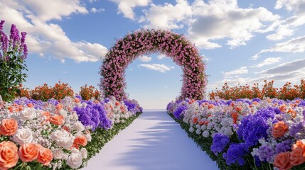 Naklejka premium Floral Archway Surrounded by Colorful Blooms Under Bright Sky
