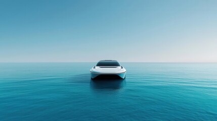Autonomous futuristic yacht with drone landing pad, showcasing innovation in recreational marine technology