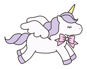 かわいいユニコーンのベクターイラスト。馬、動物、リボン、ドリーミー、羽、ペガサス、線