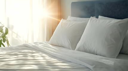Sunlit White Embroidered Bedding On A Made Bed With Golden Sunlight Streaming Through Sheer Curtains