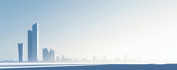 Modern city skyscrapers against a light blue clear sky background