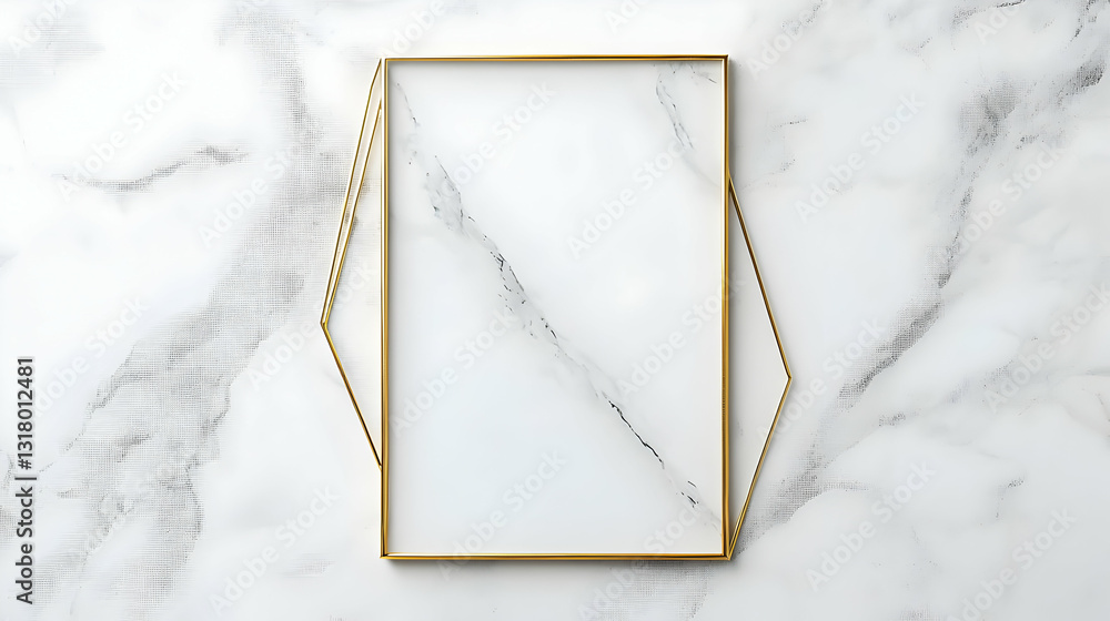 Poster elegant gold rectangular frame on white marble background with subtle veins texture for modern minim