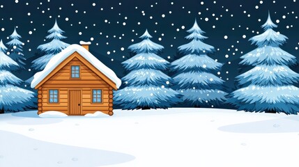 Naklejka premium Cozy Cabin in Snowy Woods with Evergreen Trees