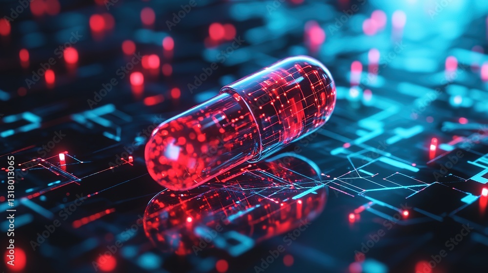 Poster a digital representation of a pill on a network background symbolizes ai-driven precision medicine. 