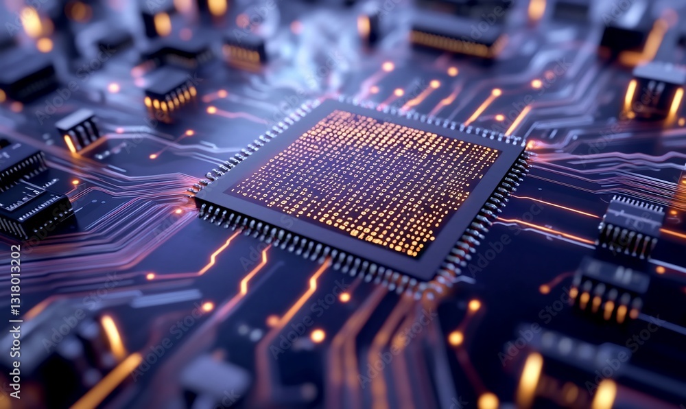 Poster glowing microchip on circuit board abstract background for tech presentation
