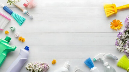 Overhead View of Cleaning Tools and Flowers Arranged on White Wooden Background