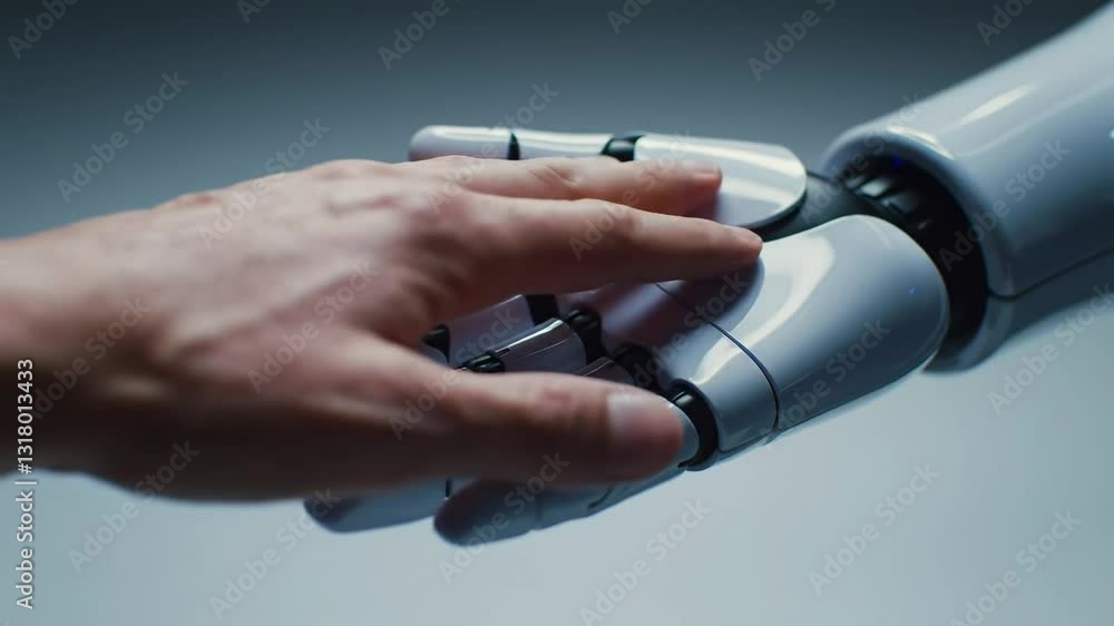 Poster a close-up interaction between a human hand and a human-like robotic hand in a high-tech environment