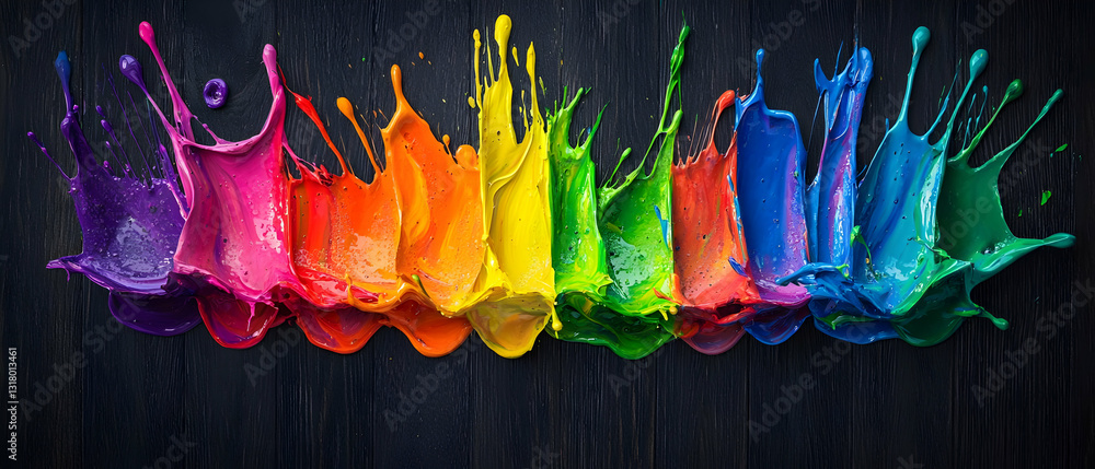 Poster dynamic paint splash explosion in rainbow colors against a black background with vivid color splashe
