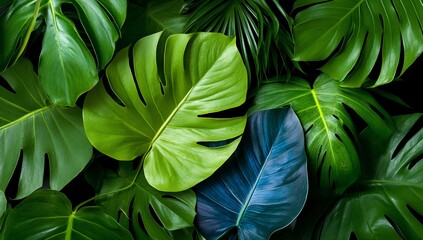 Fototapeta premium Lush tropical green leaves arranged for background, adding life and freshness