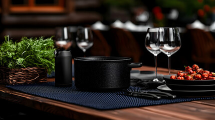 Elegant table setting with dinnerware and fresh green herbs