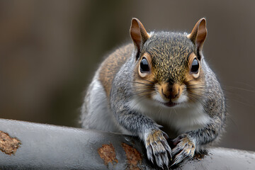 Obraz premium A dramatic low angle shot of a squirrel gripping a pipe joint the refinery s soft glow casting a warm hue 