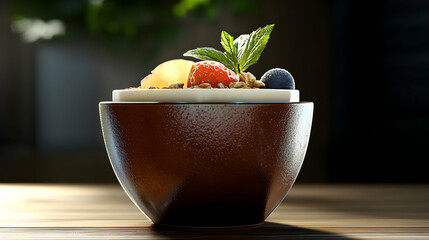 A Delicious Bowl of Fruit and Granola on Wooden Surface