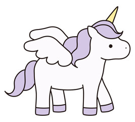かわいいユニコーンのベクターイラスト。馬、動物、ドリーミー、羽、ペガサス、線