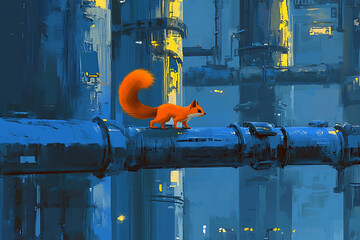 A cyberpunk inspired scene featuring a neon lit refinery with a bio enhanced squirrel navigating pipes