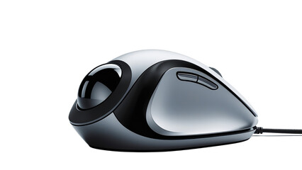 Sleek and modern grey computer trackball with a transparent background, featuring an ergonomic design.