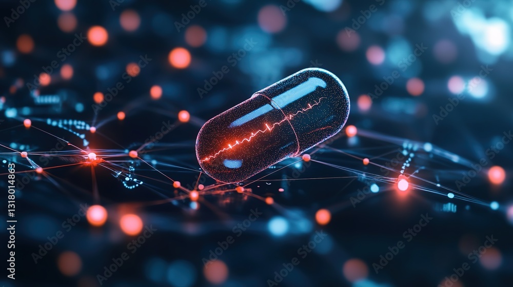 Poster a digital representation of a pill on a network background symbolizes ai-driven precision medicine. 