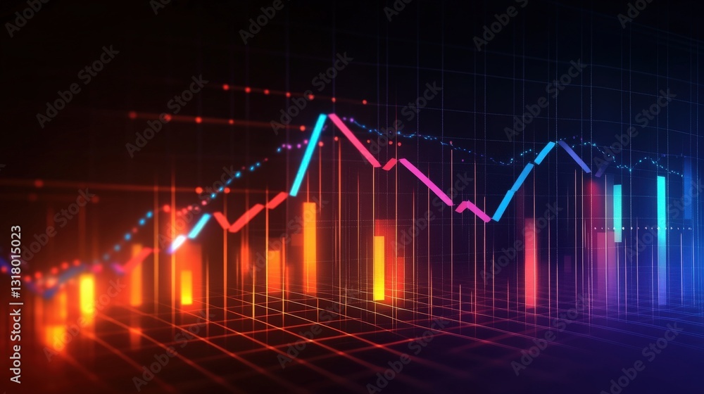 Poster vibrant financial graph displaying market trends with colorful bars and lines in a digital environme