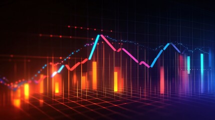 Naklejka premium Vibrant financial graph displaying market trends with colorful bars and lines in a digital environment