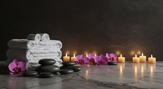 Relaxing Spa Setting Side View of Massage Stones, Colorful Orchids, White Towels, and Lit Candles on Marble Floor