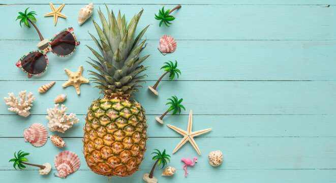Tropical Summer Flat Lay Ripe Pineapple & Beach Sea Life on Pastel Mint Blue Wood