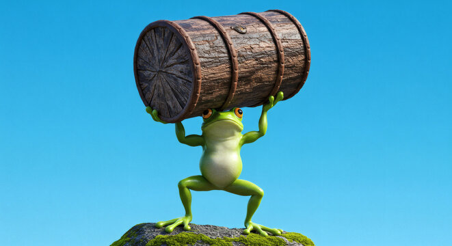 Realistic Frog Lifting Heavy Trunk on Rock Under Blue Sky, Nature, Strength, Wildlife, Adventure, Copy Space