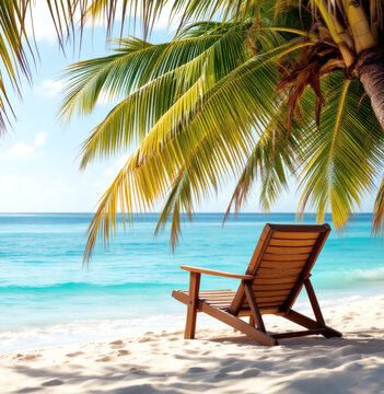 Serene Tropical Beach with Palm Tree, Lounge Chair, and Ocean Waves, Relaxing Vacation Getaway