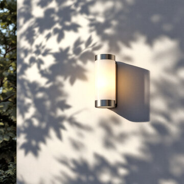 Stylish Outdoor Cylinder Lamp Casting Leaf Shadows on Concrete Wall, Perfect for Modern Garden, Patio, and Outdoor Decor