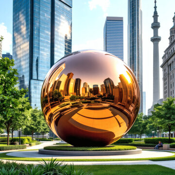 Sleek Copper Sphere in Modern City Park with Skyscraper Backdrop, Urban Art Installation, Contemporary Sculpture