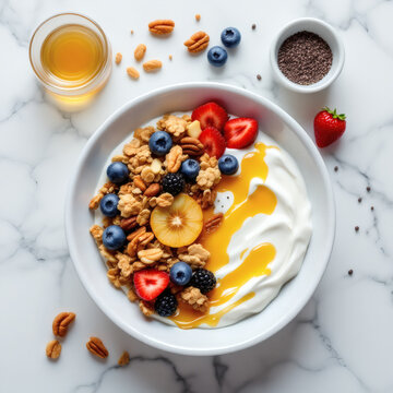 Top View Healthy Breakfast Bowl Greek Yogurt with Oat Granola, Fruits, Nuts, Honey, and Chia Seeds on Marble Table
