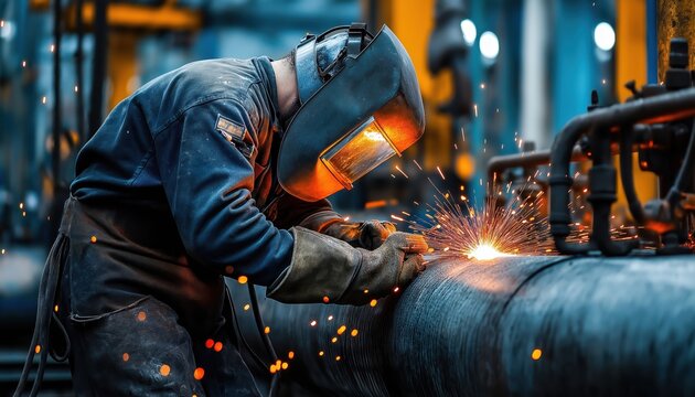 Industrial Welder Sparks Sustainable Industry Metal Pipe Fabrication Factory - Powered by Adobe