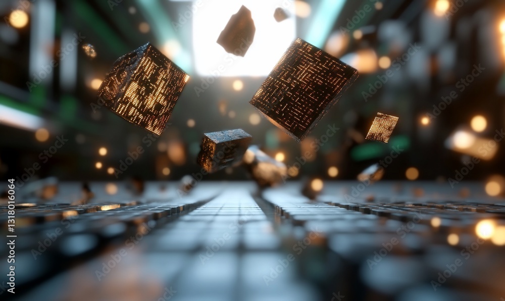 Poster floating cubes in futuristic space with bokeh lights for tech presentations