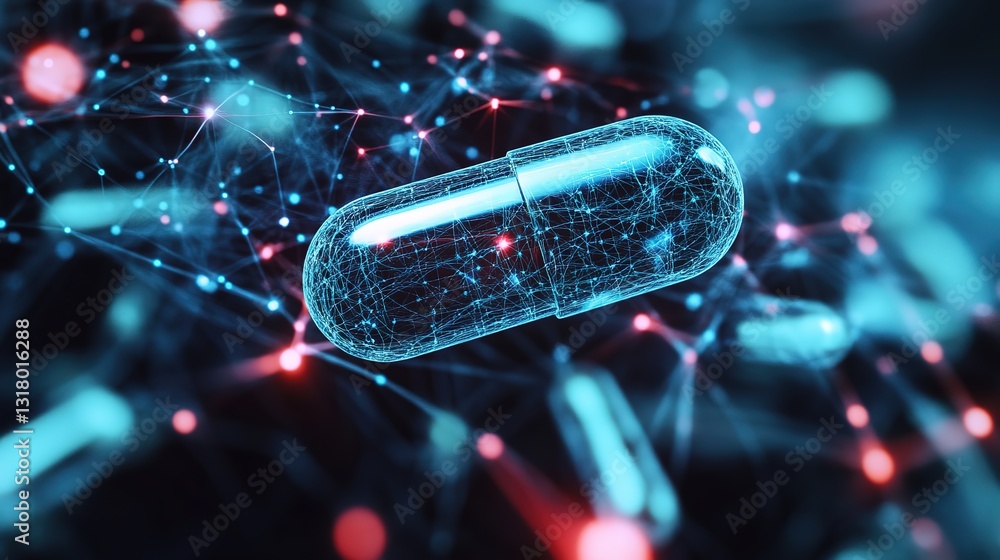 Poster a digital representation of a pill on a network background symbolizes ai-driven precision medicine. 