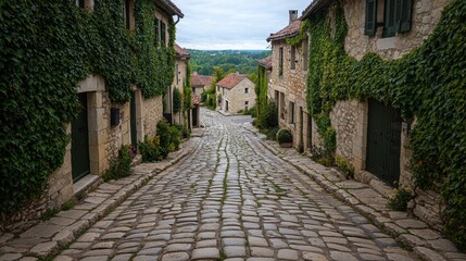 Obraz premium Scenic Cobblestone Street Surrounded by Greenery and Historic Charm
