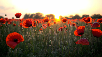 Obraz premium Vivid Red Poppies Field At Golden Hour Sunset With Warm Sunlight And Lush Green Foliage In The Countryside