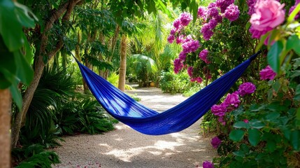 Serene Garden Path with Colorful Flowers and Relaxing Hammock