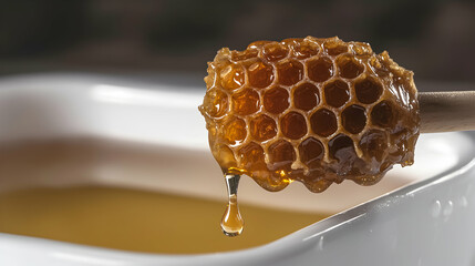 Golden honeycomb dripping honey into a white porcelain bowl