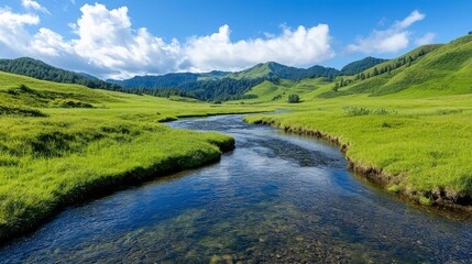 Serene River Flowing Through Lush Green Meadows Under Blue Sky