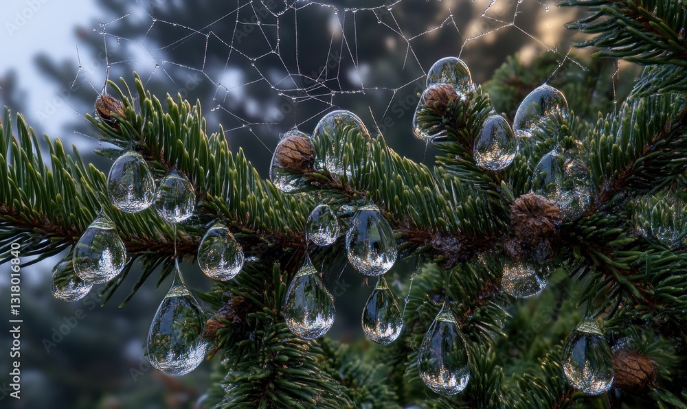 Poster dewdrop reflections on pine needles with spiderweb backdrop in misty forest