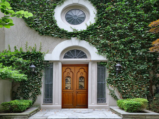 Vine covered house with elegant wood grain front door