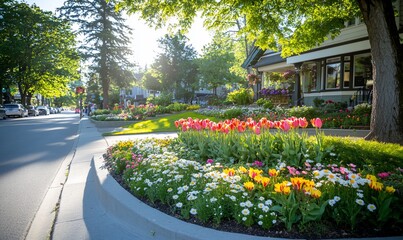 Obraz premium Flowers bloom in colorful garden at suburban home along quiet street