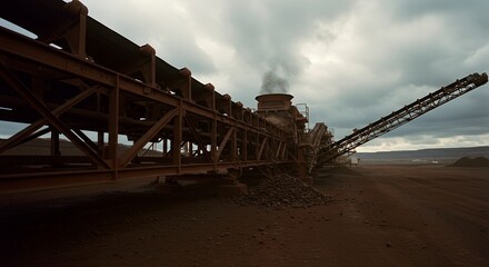 Industrial Conveyor Belt System in an Iron Ore Mine under a Cloudy Sky