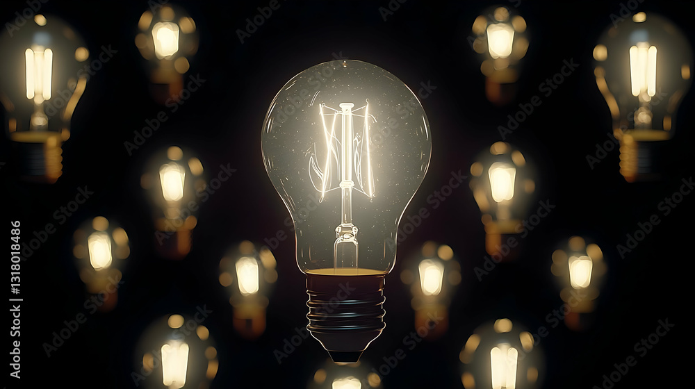 Poster glowing lightbulb surrounded by dim lightbulbs in dark background showing idea concept