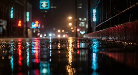 Obraz premium Rainy Night Cityscape Reflections: Urban Lights in the Wet Asphalt