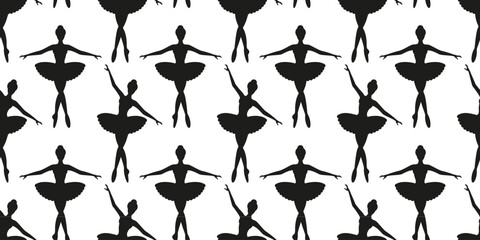 Ballerina seamless pattern in black and white. Pattern with woman silhouettes in dance poses. Pretty ballet dancer in tutu cartoon pattern © Mariia