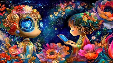 Fototapeta premium Whimsical Robot and Girl in Vibrant Floral Fantasy Digital Art