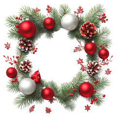 Wreath of red and white Christmas ornaments with pine cones on transparent background