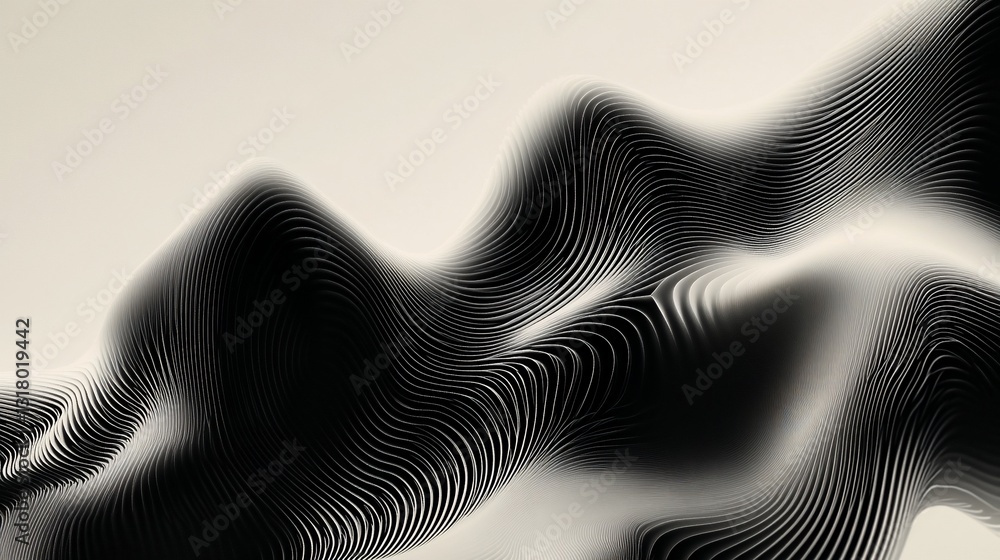 Poster abstract monochrome waveform landscape: digital art of undulating lines and shadows