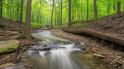 Obraz premium A gentle stream flowing through a forest valley, surrounded by tall trees and lush foliage, creating a serene and harmonious natural scene.