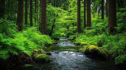 Obraz premium A gentle stream flowing through a forest valley, surrounded by tall trees and lush foliage, creating a serene and harmonious natural scene.